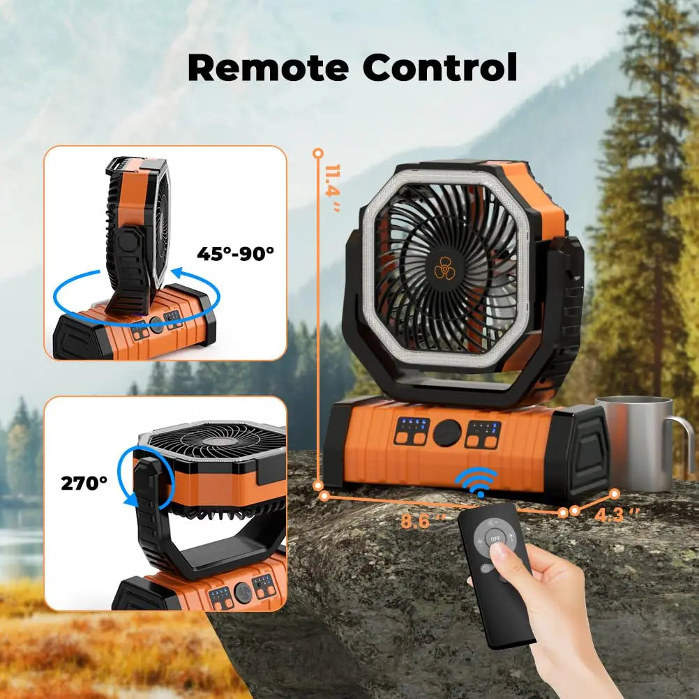 20000mAh Portable Camping Fan — Rechargeable Battery-Powered Outdoor Tent Fan with LED Light, Hanging Hook & 4-Speed Wind