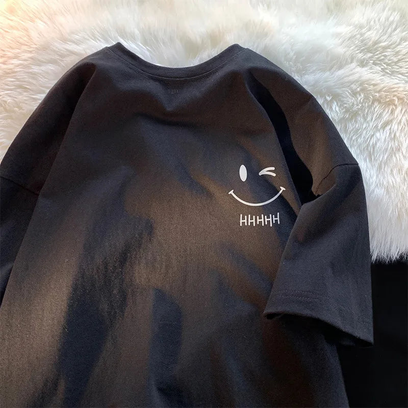 Men's & Women's Smiling Face T-Shirt — Funny Fashion Oversized Short-Sleeve Couple Top, American Basic Loose Pullover