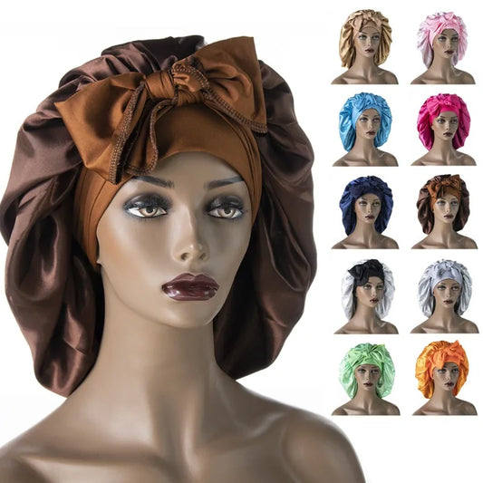 Satin Nightcap for Women - Wide Stretch, Extra-Large Long Tail, Shower Cap with Ribbon, Round Hat Hair Bonnet