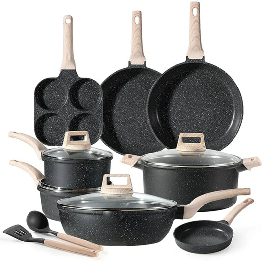 12 Piece Granite Non-Stick Cookware Set - Includes Frying Pan, Saucepan, Wok, and Oversized Casserole for Induction Cooking