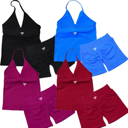 Women’s 2-Piece Yoga Set – Seamless Gym Outfit with Shorts & Lace-Up Sports Bra, High Quality Fitness Activewear Set