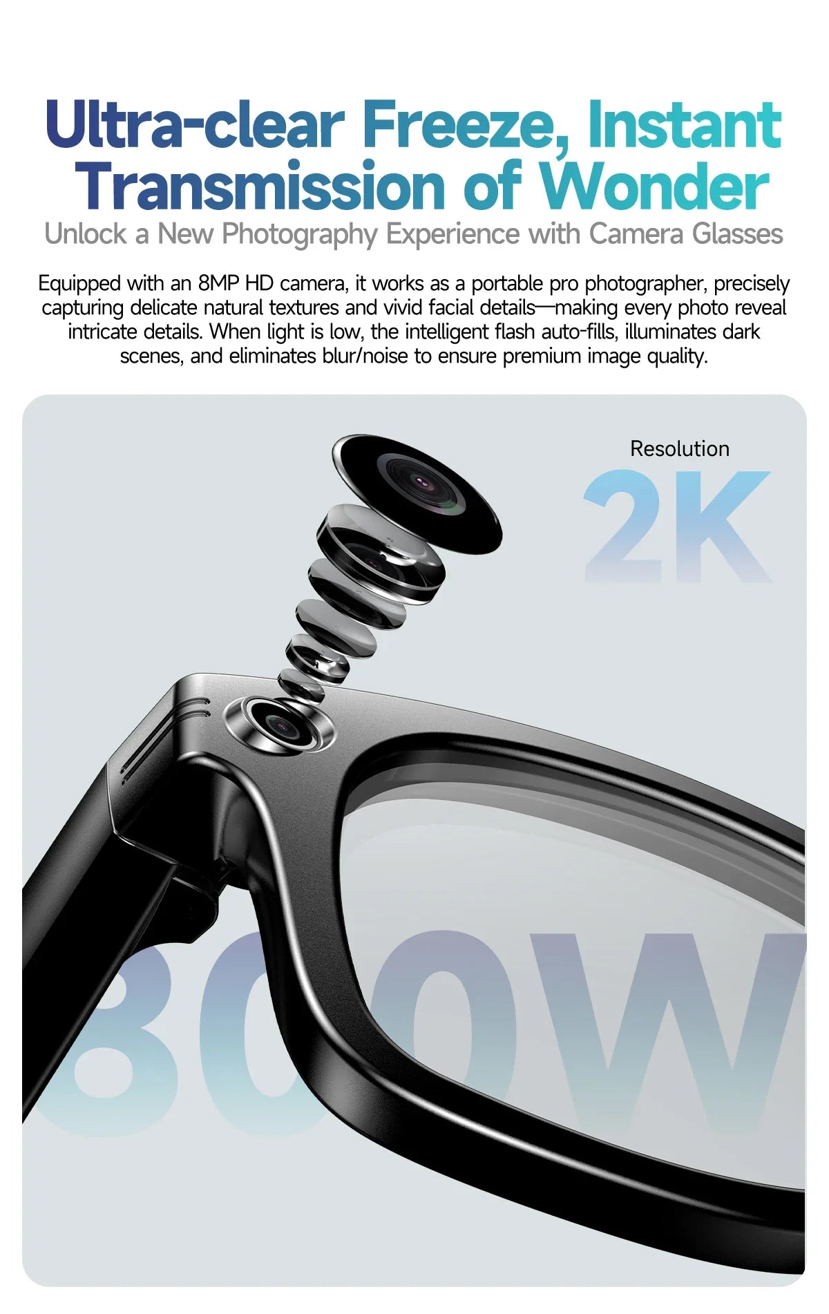 8MP Smart Glasses — AI Photo Recognition, Video Recording, Translation, Bluetooth, IP65 Waterproof, 270mAh Battery