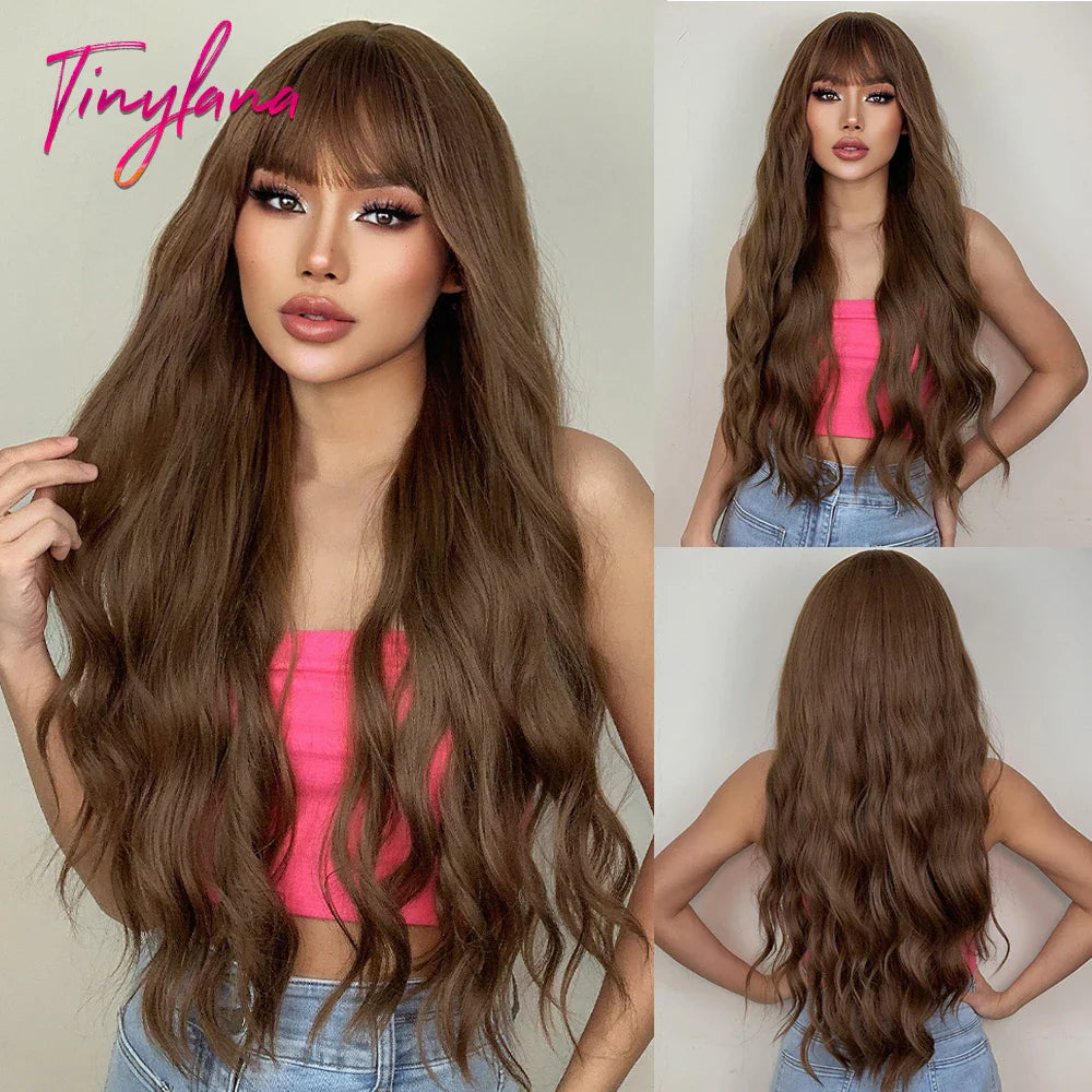 Orange Copper Ginger Long Wavy Synthetic Wig – Red & Yellow Wig with Bangs, Cosplay Body Wave, Heat-Resistant Hair for Women