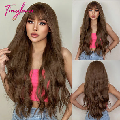 Orange Copper Ginger Long Wavy Synthetic Wig – Red & Yellow Wig with Bangs, Cosplay Body Wave, Heat-Resistant Hair for Women