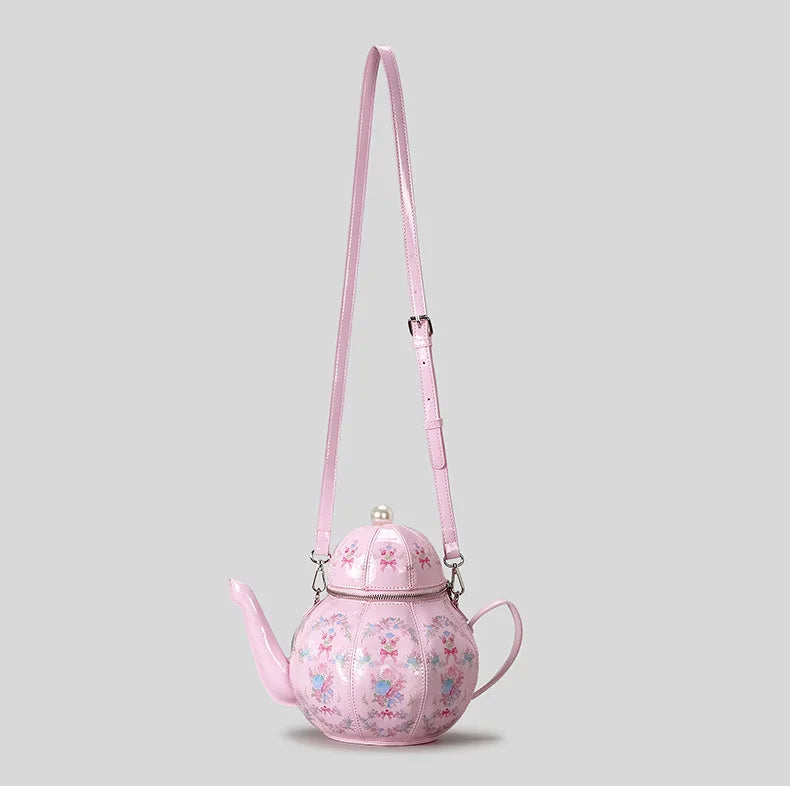Creative Vintage Printed Teapot Design Women’s Handbag – Pearl Chain Luxury Small Bucket Crossbody Bag