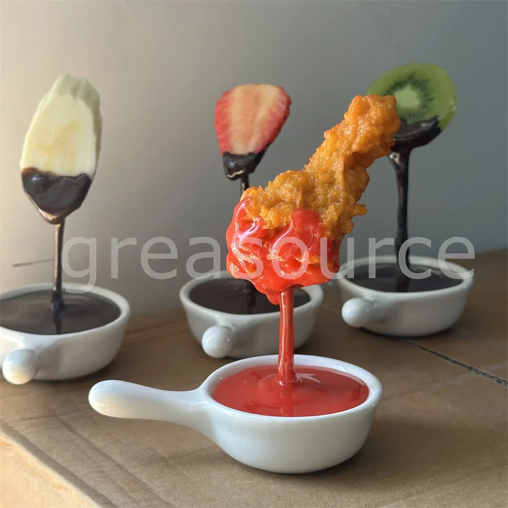 Fake Food Dipping Bowls - Simulated Fruit & Chicken Sauce Models for Photography, Food Display & Advertising Props