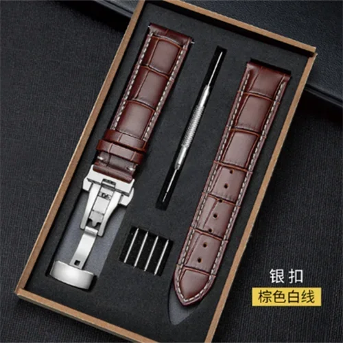 Genuine Leather Watch Strap with Wooden Box – Butterfly Clasp Bracelet 18-24mm Wristband