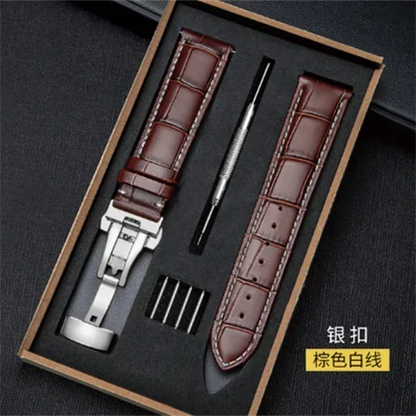 Genuine Leather Watch Band with Wooden Box – Replacement Strap with Butterfly Clasp, 18mm 20mm 22mm Bracelet Accessory