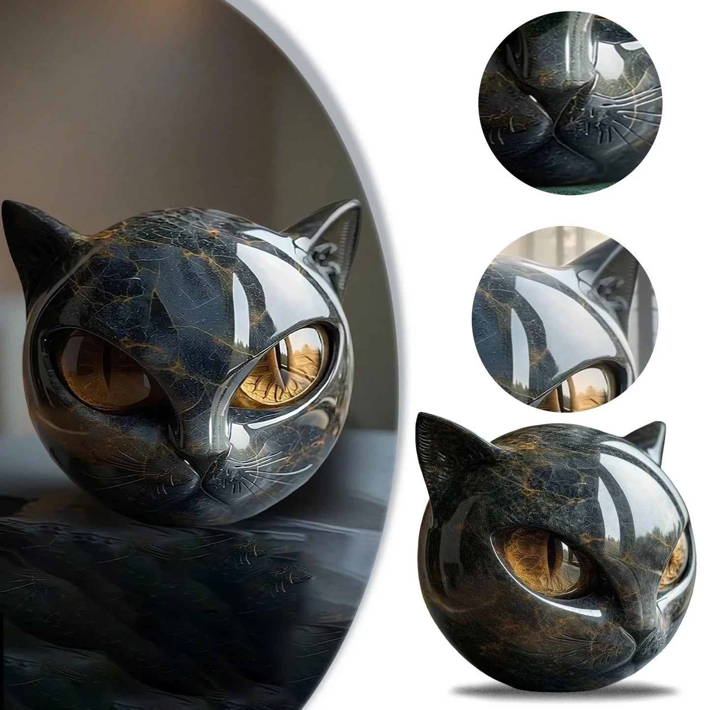 Black Cat Stone Figurine – Marble Texture Resin Cat Head Keepsake Desk Decor, Healing Style Home & Office Ornament