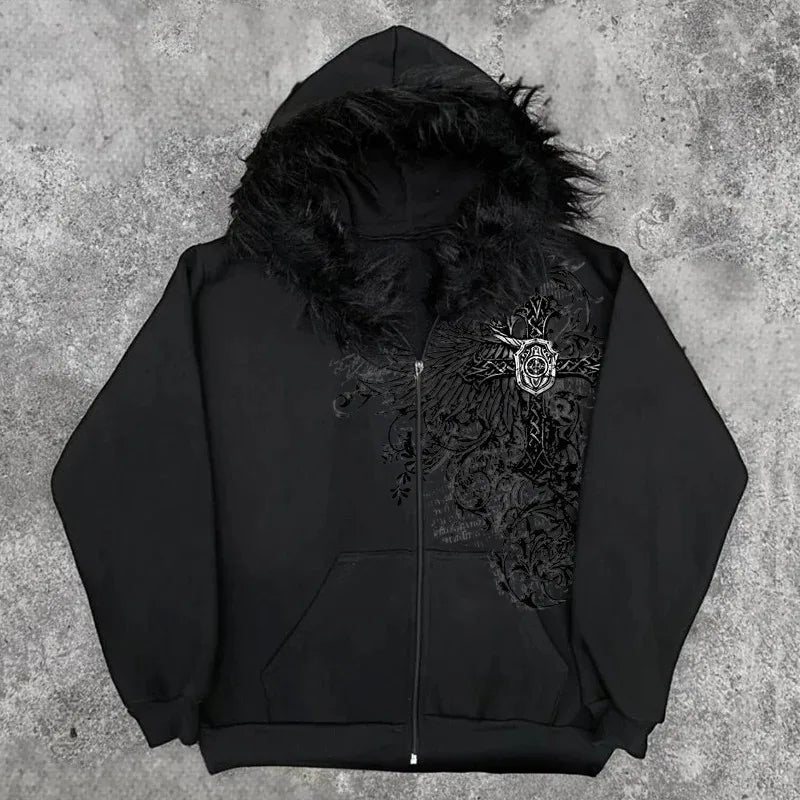Y2K Unisex Graphic Hoodie Jacket - Thick Warm Zip-Up Streetwear for Fall and Winter