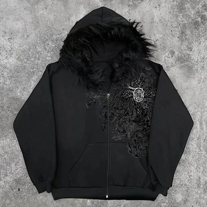 Y2K Unisex Graphic Hoodie Jacket - Thick Warm Zip-Up Streetwear for Fall and Winter