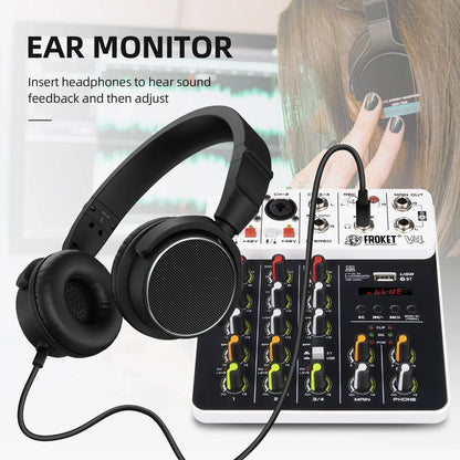 V4 4-Channel Audio Interface Mixer — USB & Bluetooth with 48V Phantom Power, Effects & Recording