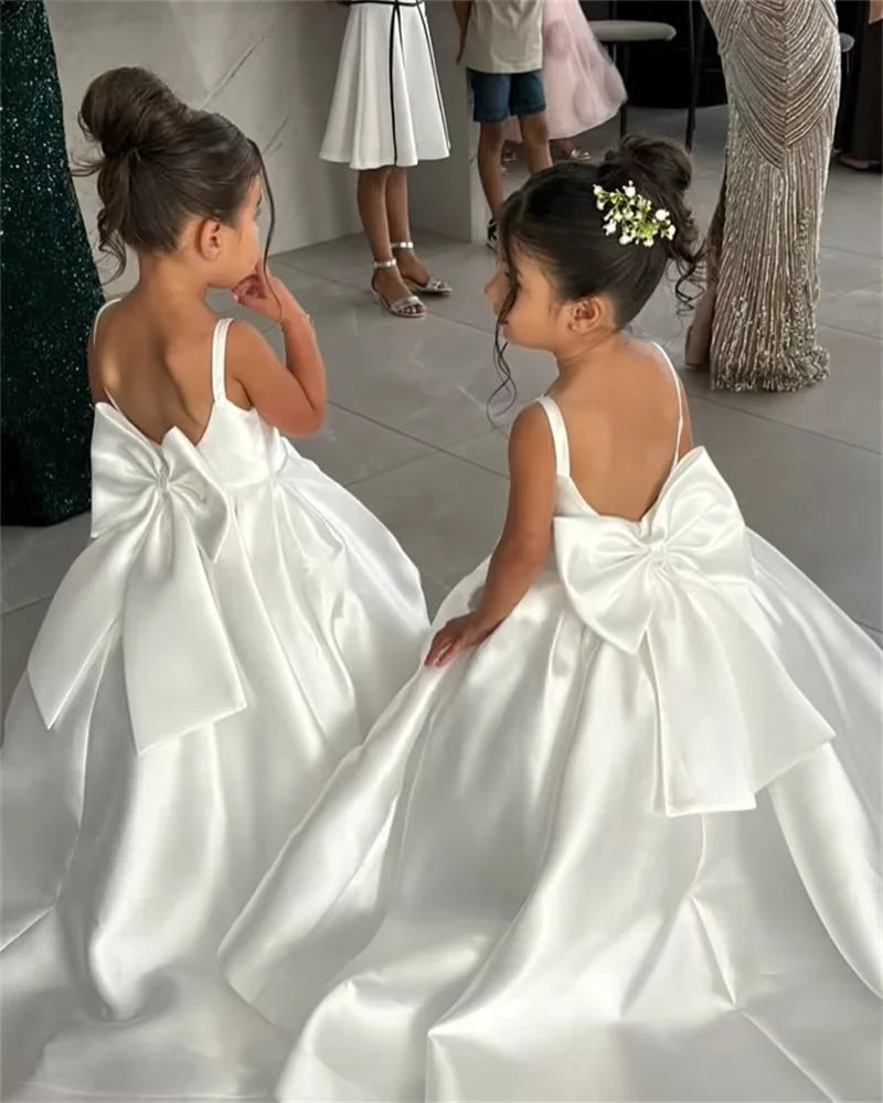 Lovely Satin Flower Girl Dress - Fluffy Bow Wedding & Birthday Party Gown for Kids