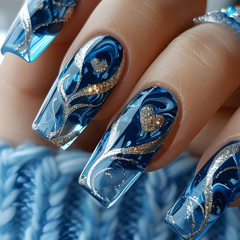 24pcs Blue Golden Stripe Press-On Nails Shiny Powder Long Square Full Cover False Nail Tips Wearable Love Design