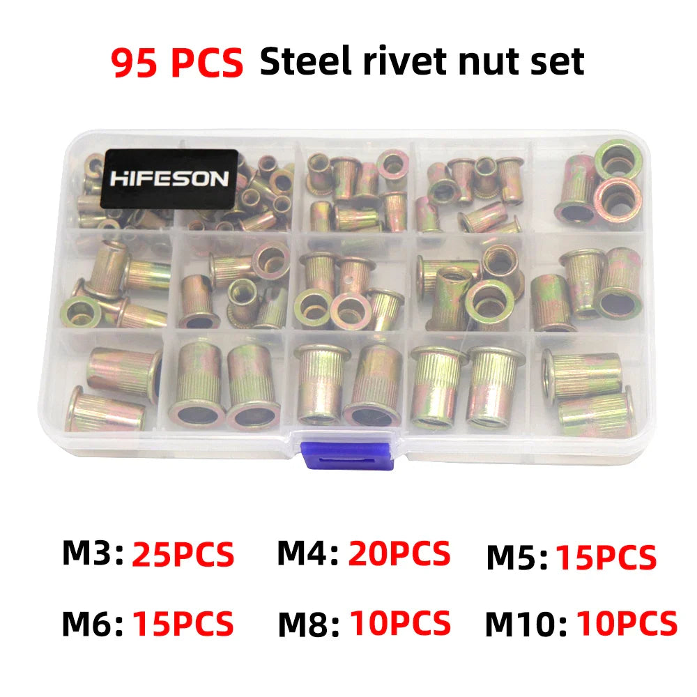HIFESON Hand Threaded Rivet Nut Gun — Manual Riveter with 70/95/300PCS M3-M12 Nuts for Easy Installation