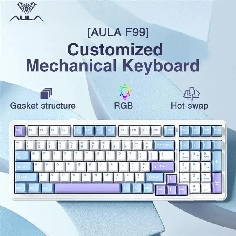 AULA F99 99-Key Gaming Mechanical Keyboard – Wired, 2.4G Wireless, Bluetooth, Hot-Swappable PBT Gasket RGB for Gaming & Typing