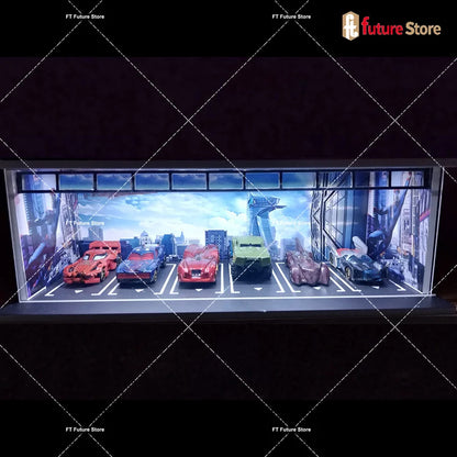 1:64 Scale Garage Scene Model with Lights – Assembled Parking Lot Diorama for Miniature Car Display