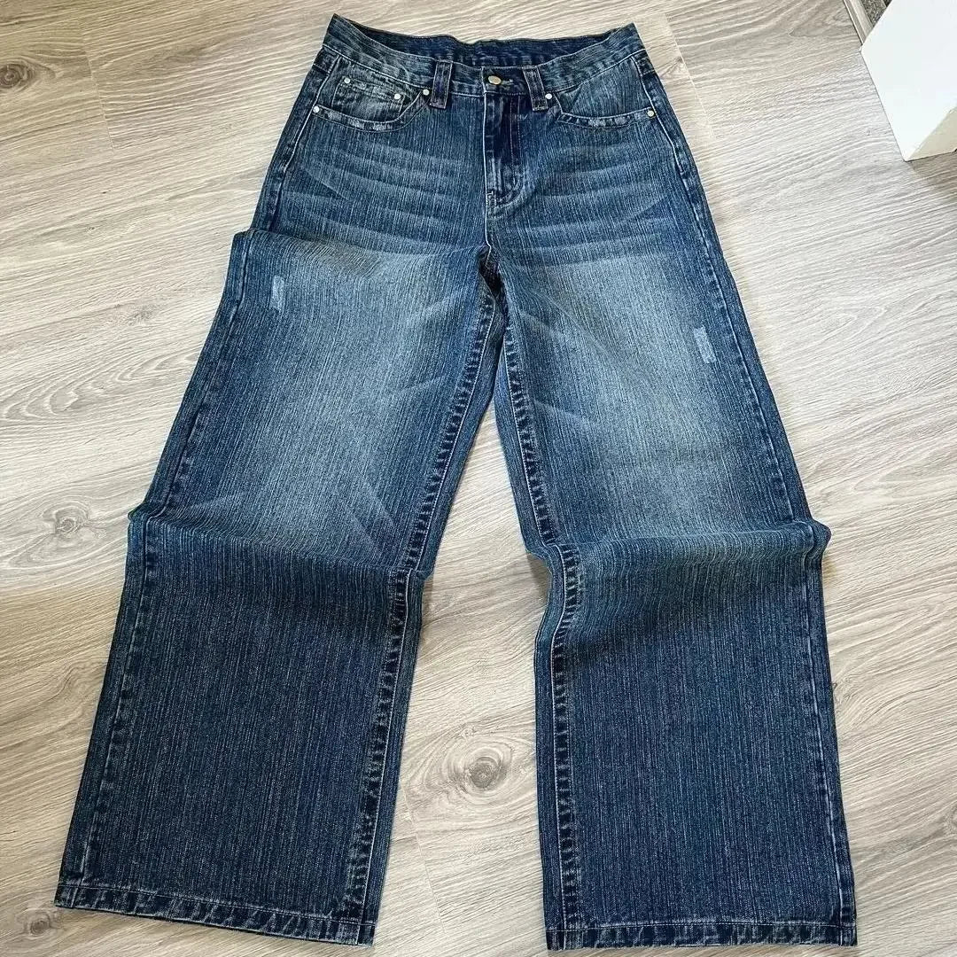 Harajuku Hip Hop Cartoon Embroidered Blue Baggy Jeans – Y2K Low Waist Wide Leg Pants for Men & Women