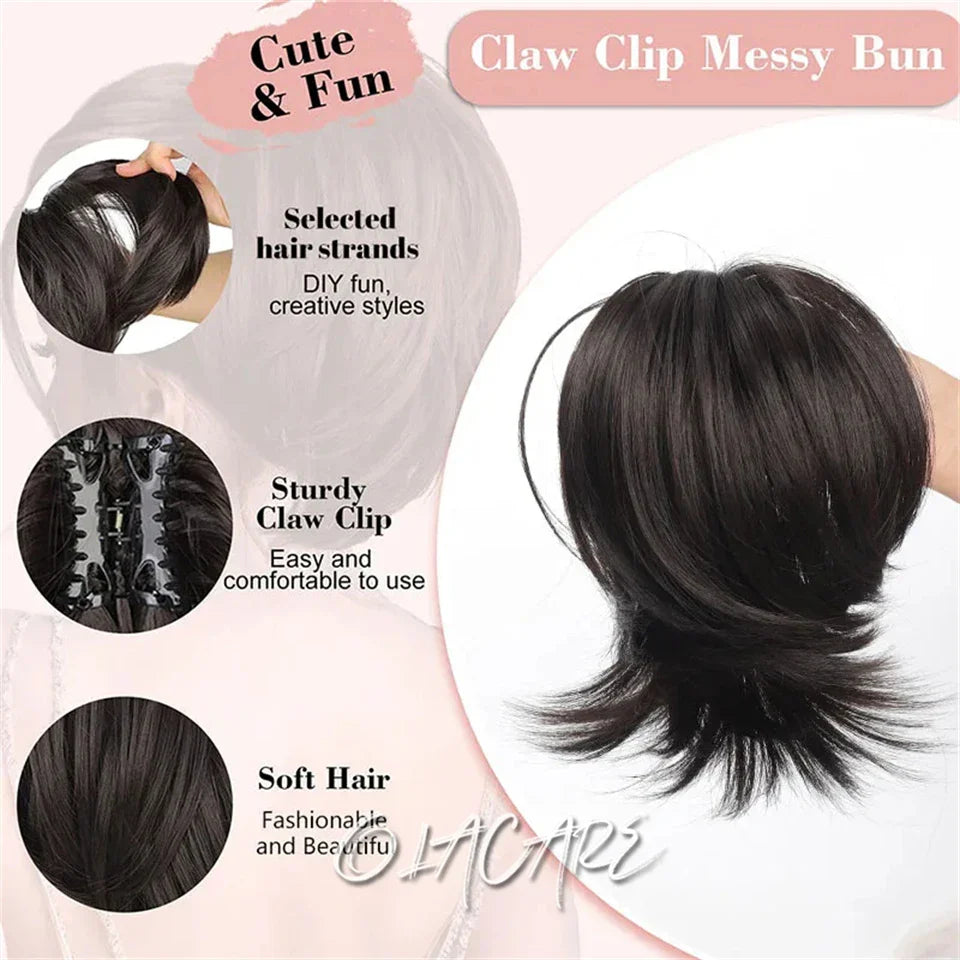 Messy Bun Hair Piece – Claw Clip-in Short Straight Ponytail Extension, Tousled Updo Bun for Women & Girls