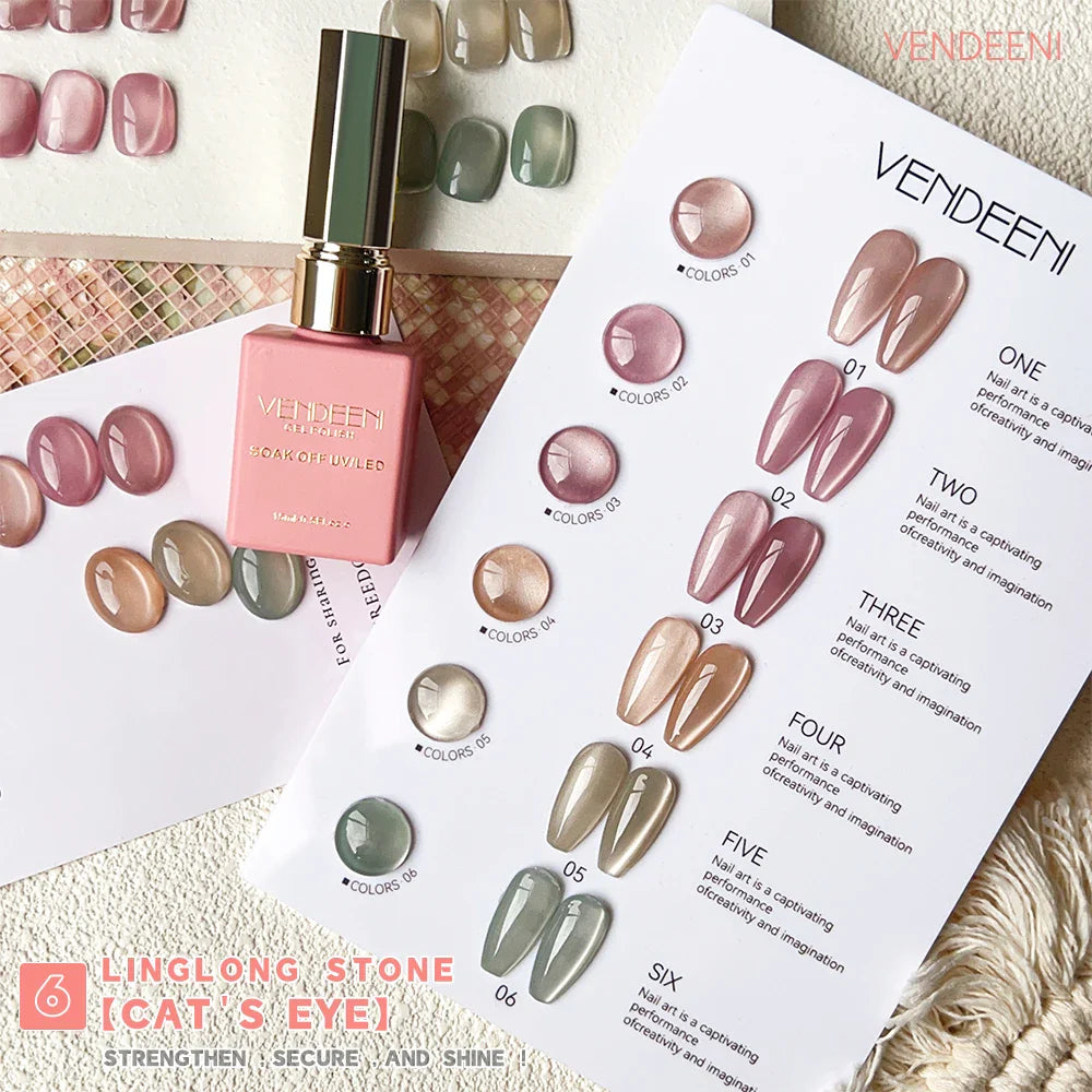 Vendeeni 6-Color Magnetic Cat Eye Gel Nail Polish Set – Pink UV LED Soak-Off Gel with Crystal Effect & Display