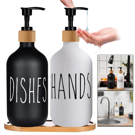 Black Dish Soap Dispenser Set for Kitchen Sink - Refillable Bottles for Hands Soap and Dishes Detergent Storage
