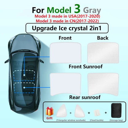 Split Sunshade for Tesla Model 3 (2017-2023) & Model Y – Front & Rear Sunroof Windshield Skylight Glass Roof Cooling Shade
