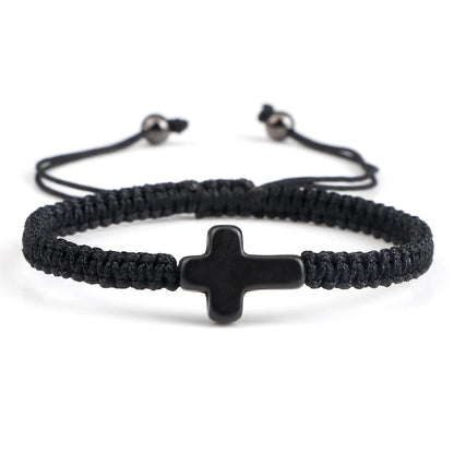 Hand Woven Jesus Cross Bracelet - Red & Black Braided Thread Lucky Couple Jewelry Gift for Men & Women