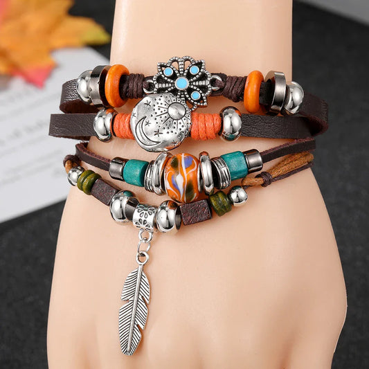 Vintage Gothic Punk Moon & Star Metal Bracelet - Multilayer Leather Bangle for Men, Leaf & Sun Arm Jewelry