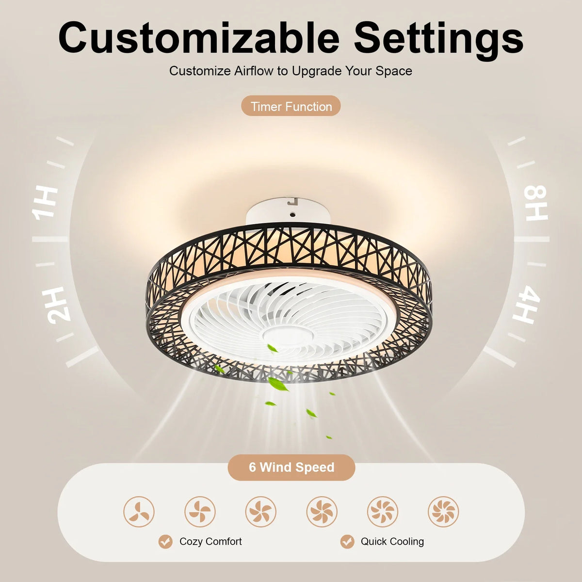 18.5-Inch Ceiling Fan Light - 6-Speed LED Lamp with 3 Color Temperatures, Remote Control, Timer & Reversible Rotation