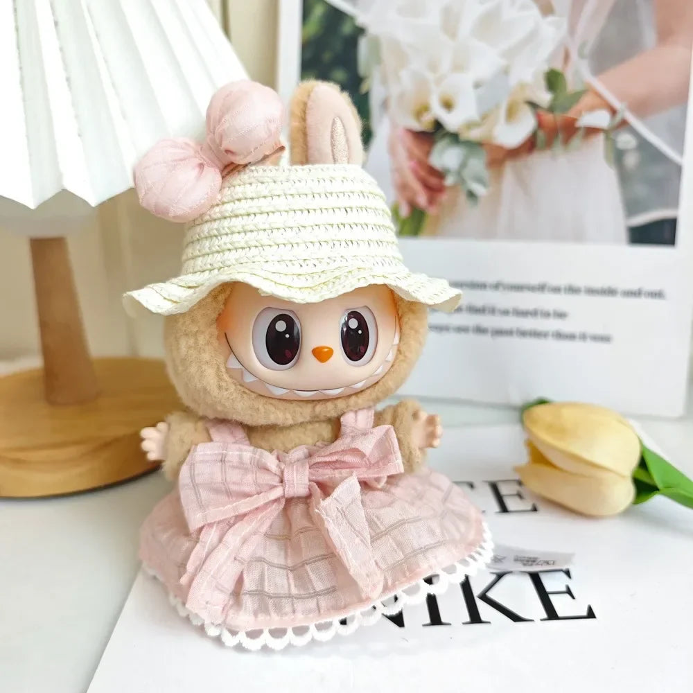 Labubu Clothes Outfit — Sweet Candy Skirt with Fresh Colors & Straw Hat Rural Style for Sitting Party Labubu
