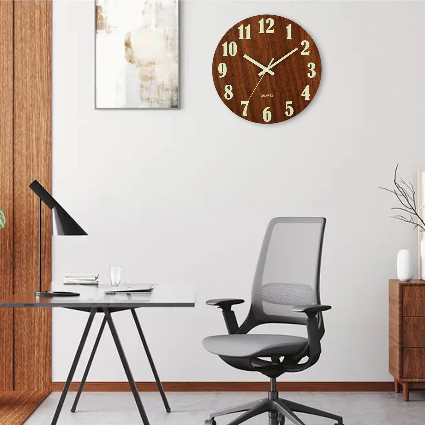 12-Inch Luminous Wall Clock — Nordic Wooden Silent Clock with Night Light, Non-Ticking Design for Dark Room