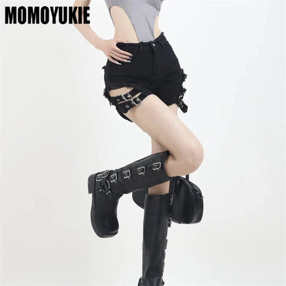 Vintage Harajuku Denim Shorts - Women's High Waist Irregular Goth Rock Style Slim Fit Summer Shorts