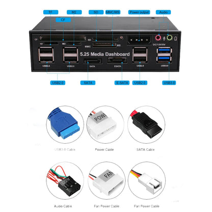 DeepFox 5.25" Media Dashboard Card Reader – USB 2.0/3.0, e-SATA, SATA Front Panel for Optical Drive Bays