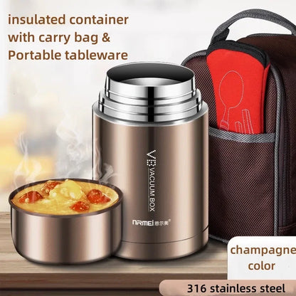 600/800/1000ml Stainless Steel Food Thermos — 316 Vacuum Insulated Lunch Jar with Spoon & Carry Bag for Kids