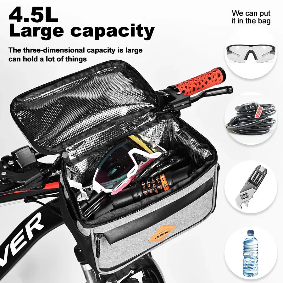 PHMAX Insulated Cycling Front Handlebar Bag – Large Waterproof MTB Pannier with Touch Screen & Cooler Compartment