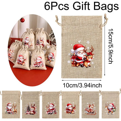 6pcs Christmas Linen Drawstring Gift Bags - Burlap Candy Biscuit Pouches for Holiday Decor & Xmas Gift Packaging