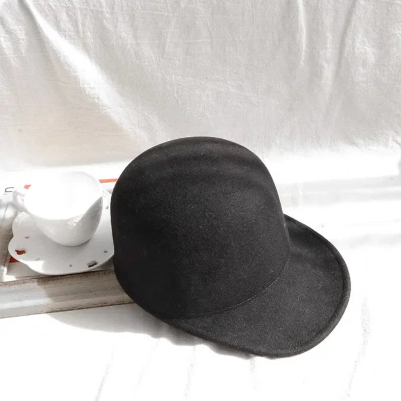 Winter Fedora Hat for Women - Korean Flat Top, Wool, British Casual Style in Navy, Black, Gray, Khaki, High Quality Equestrian Fashion
