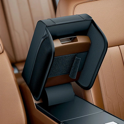 Universal Car Armrest Box Height Pad - Leather Cushion with Pocket, Central Memory Cotton Elbow Support, Armrest Storage