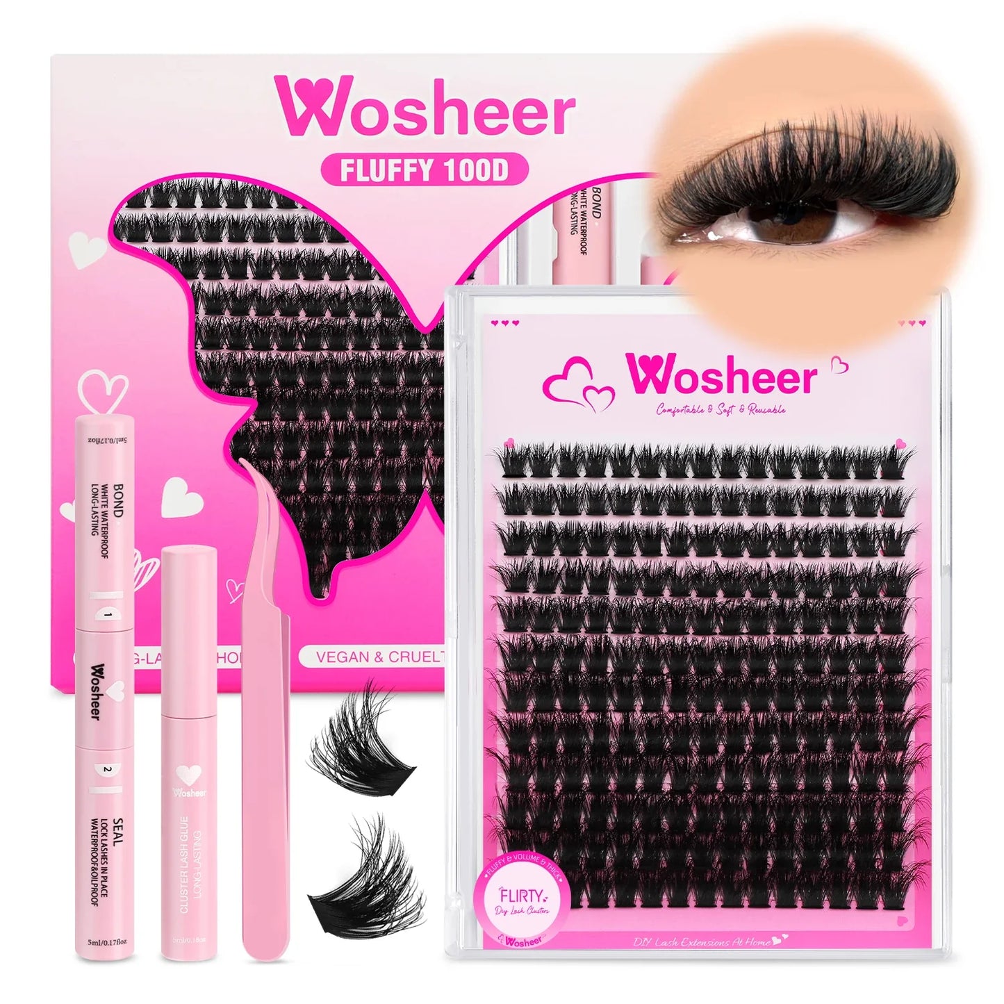 WOSHEER DIY Eyelash Cluster Kit – Faux Mink Lash Extensions with Bond, Seal & Remover for Natural Thick Individual Lashes