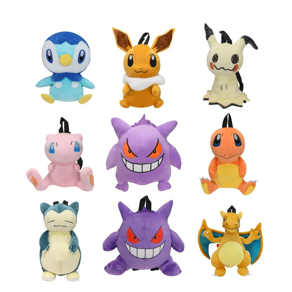 Pokémon Plush Backpack — Gengar, Mimikyu, Eevee, Snorlax, Charmander, Charizard, Mew, Rowlet Stuffed Toy Shoulder Bag for Kids & Gifts