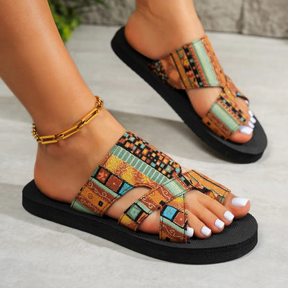 Women’s Summer Platform Sandals - Colorful Open Toe Slip-On Beach Slippers Lightweight Ethnic Style Shoes