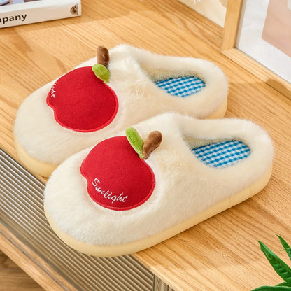 TZLDN Cartoon Plush Slippers – 3D Apple Faux Fur Indoor Slippers for Couples, Warm Winter Cotton Shoes for Women & Men