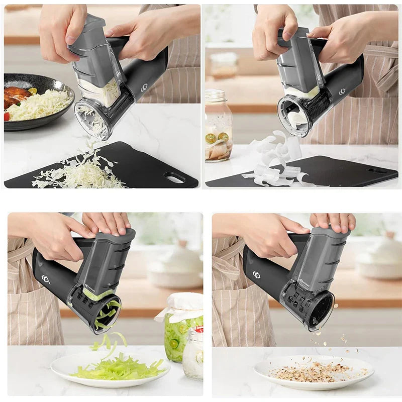 LMETJMA Electric Cheese Grater & Salad Maker – 40W Portable Rotary Slicer Shredder with 4 Blade Attachments (JT363)