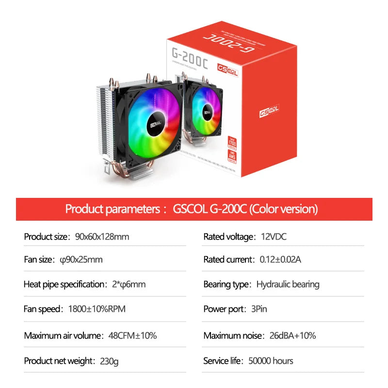 GSCOOL G-200 CPU Air Cooler — 2 Heat Pipe Radiator with 90mm Fan for Intel LGA115X/1700/1200 & AMD AM4/AM5