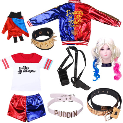 Adult Anime Robe Costume for Women with Quinn Wig, Joker T-Shirt and Jacket – Halloween Cosplay Outfit
