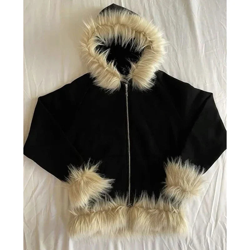 Y2K Zip-Up Hoodie with Faux Fur Collar – Harajuku Rock Goth Retro Punk Loose Jacket for Hip Hop Streetwear