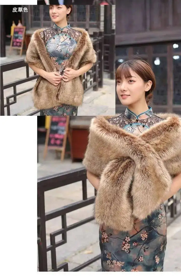 32-Color Luxury Faux Fox Fur Shawl – Women’s Plush Winter Scarf, Wrap & Cape for Wedding & Coat