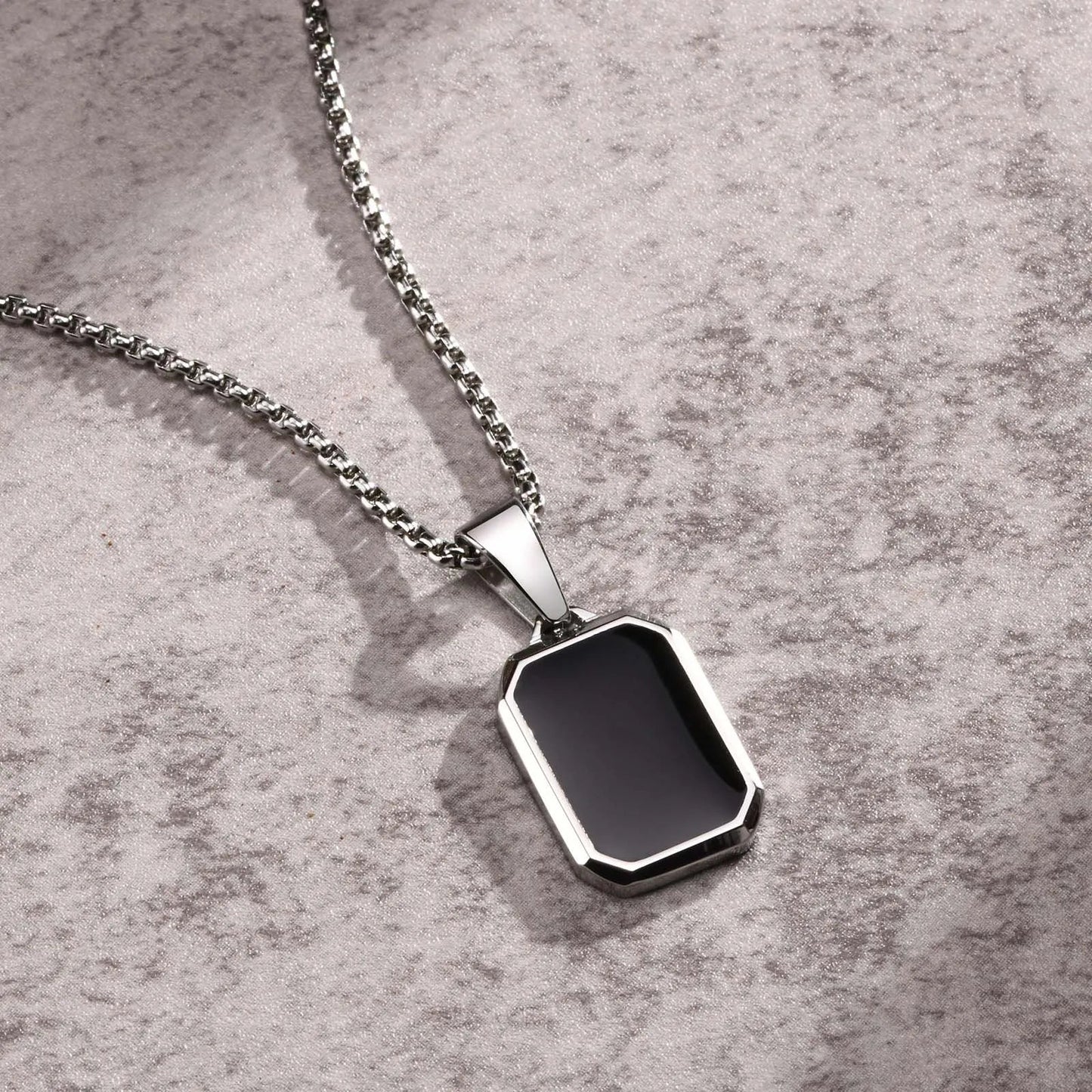 Casual Black Enamel Necklace for Men, Waterproof Stainless Steel Square Pendant, Simple Fashion Collar Jewelry Gift