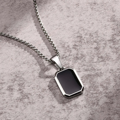 Casual Black Enamel Necklace for Men, Waterproof Stainless Steel Square Pendant, Simple Fashion Collar Jewelry Gift