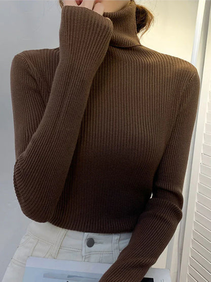 ZOKI New 2023 Women's Turtleneck Pullover Sweater - Slim Fit, Long Sleeve Elastic Jumper, Simple Korean Style Solid Color Top